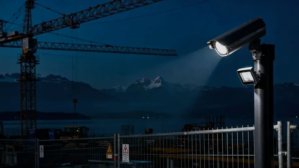 Kamera mit Strahler am Bauzaun vor einem Baukran — Baustellenüberwachung & Außenflächen