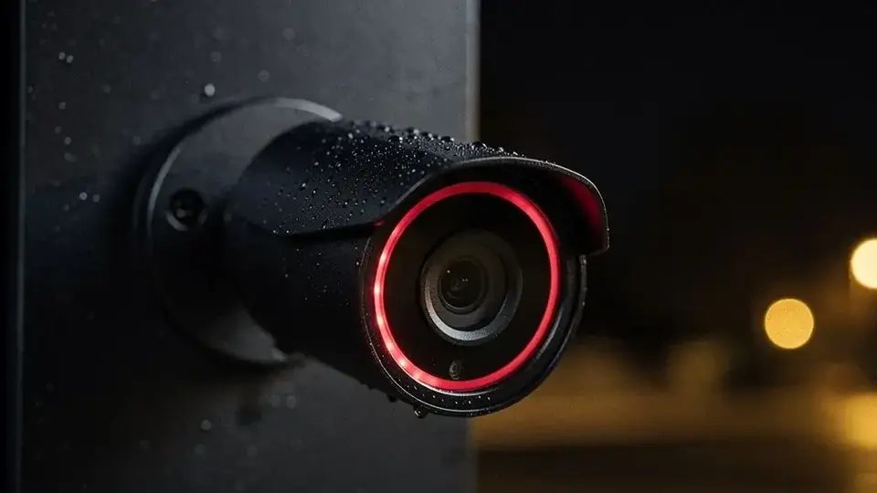 Überwachungskamera an einer Außenwand bei Nacht — SECURE ALL-IN Videoüberwachung
