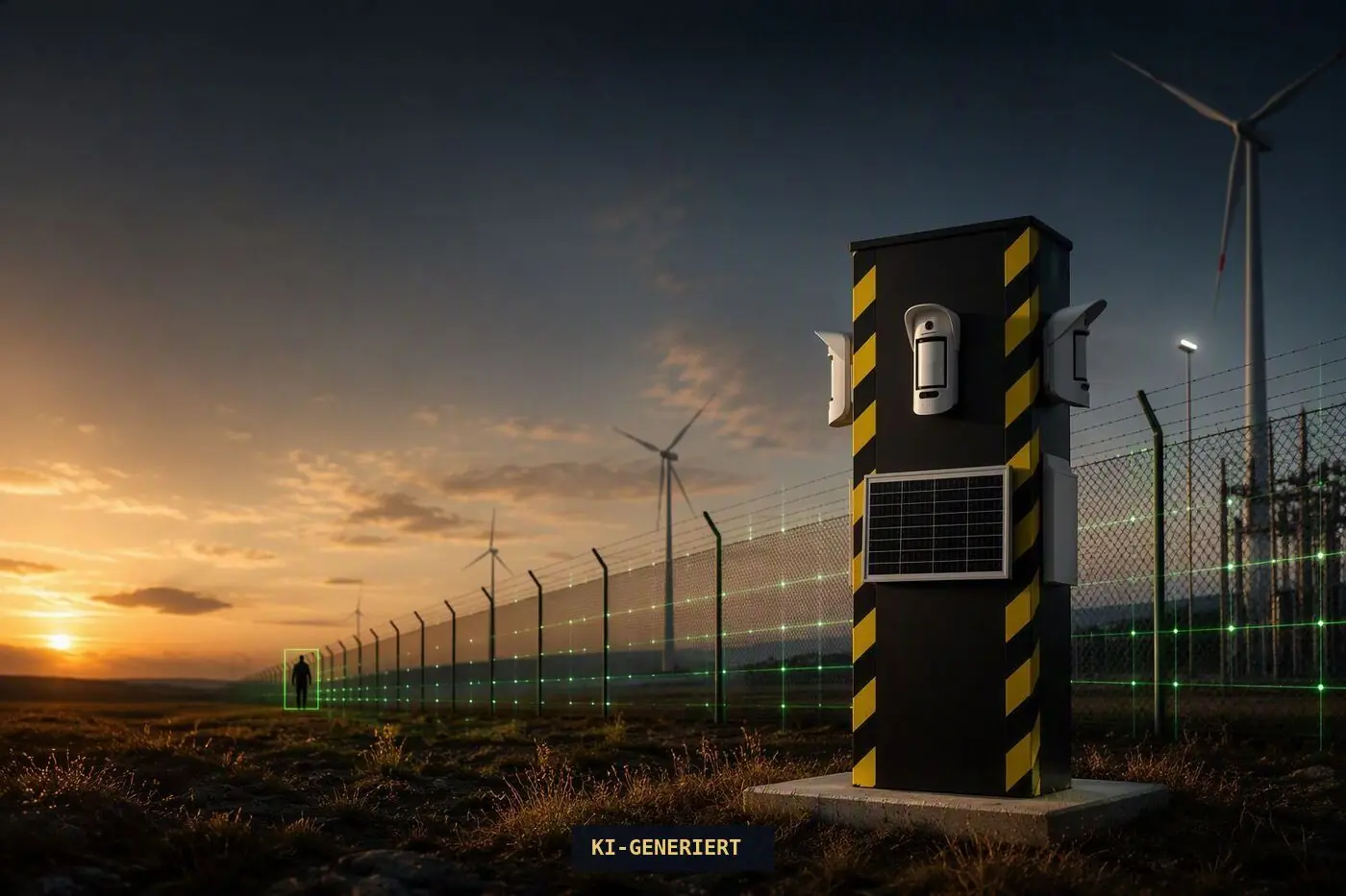 EAK Secure24 Mini-Tower Secure24 Mini-Tower an einem gesicherten Perimeter in der Dämmerung, eine Person am Zaun wird vom System erfasst